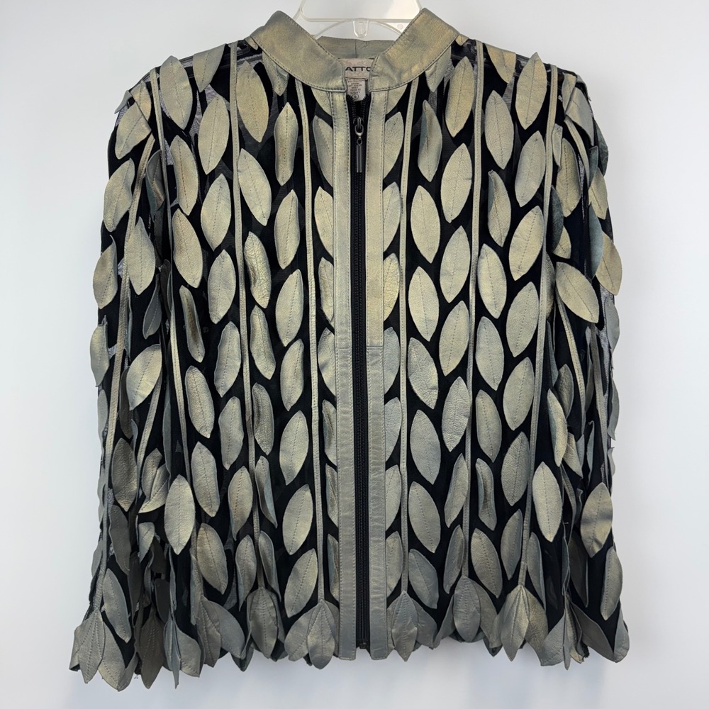 Natto Womens Leather Leaf Mesh Jacket Metallic Gold Silver 3D Applique Small